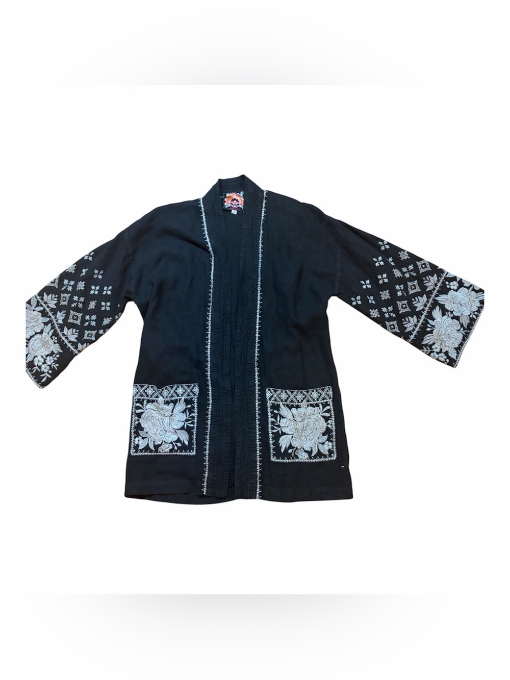 Johnny was Embroidered Black Kimono Jacket with White Floral Details